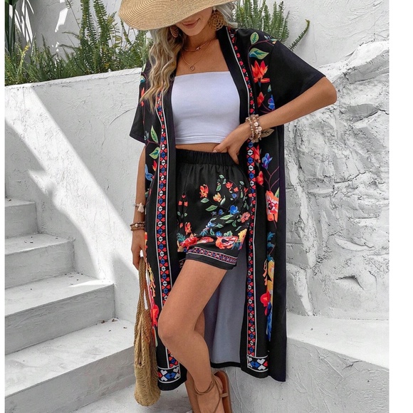 Boho Floral Tropical Print Shorts Duster Kimono Cover up Set